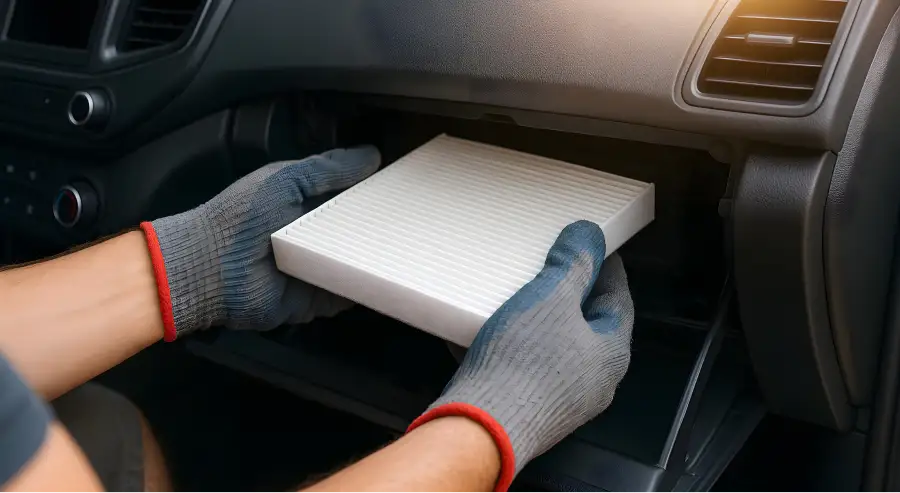 Technician replacing a cabin air filter during an A/C service in Fort Wayne, IN