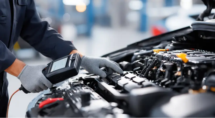 Technician running a computerized engine diagnostic test with a scan tool