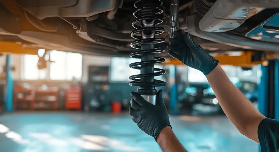 Technician installing a new coil spring strut on a car
