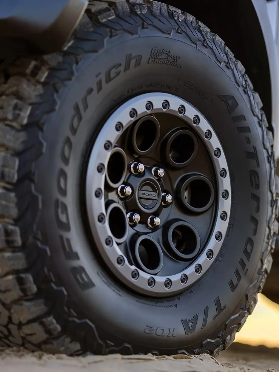 Close-up of the 37-inch all-terrain tire and wheel on a 2026 Ford F-150 Raptor truck