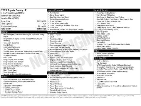 Photos of 2025 Toyota Camry LE for sale in Mansfield, OH at Clement Honda of Mansfield