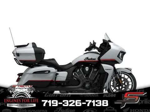 White 2024 Indian Motorcycle Pursuit® Dark Horse® w/PowerBand Audio Pkg Icon Ghost White Metallic Smoke for sale in Pueblo West, CO