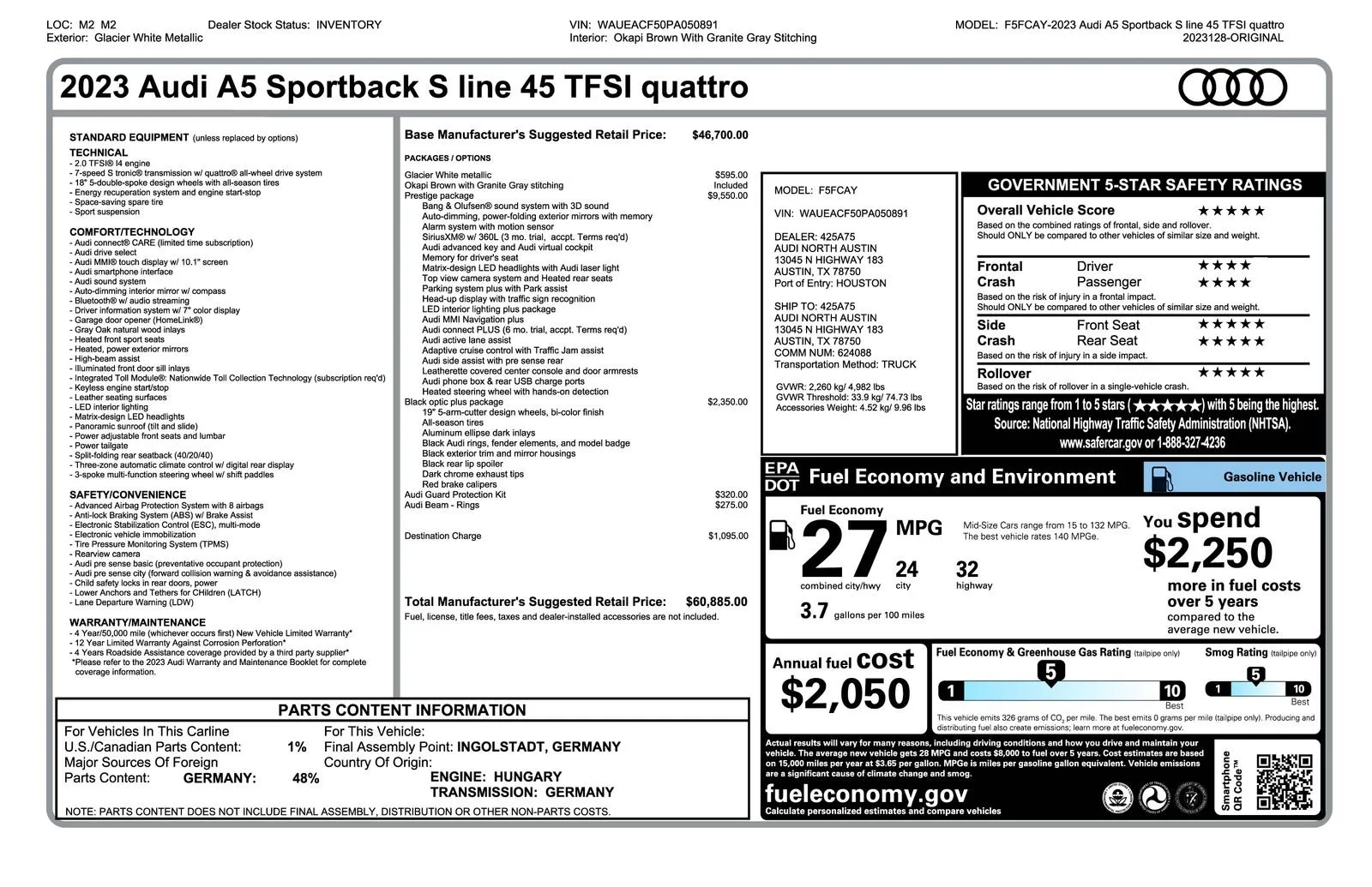 2023 Audi A5 Sportback S line Prestige for sale in Austin, TX