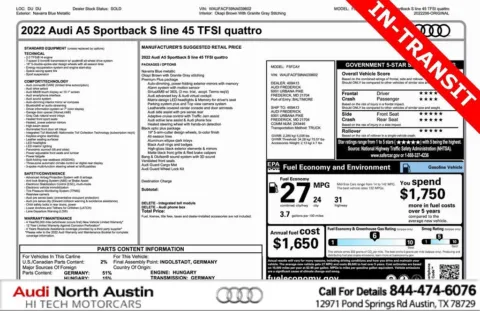 Blue 2022 Audi A5 Sportback S line Premium Plus for sale in Austin, TX