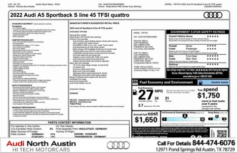 Blue 2022 Audi A5 Sportback S line Premium Plus for sale in Austin, TX