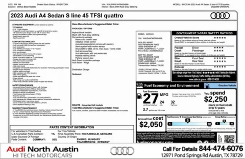 Black 2023 Audi A4 Sedan S line Premium for sale in Austin, TX