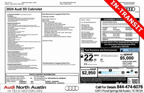 White 2024 Audi S5 Cabriolet Premium Plus for sale in Austin, TX
