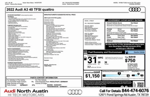 Blue 2022 Audi A3 Premium Plus for sale in Austin, TX