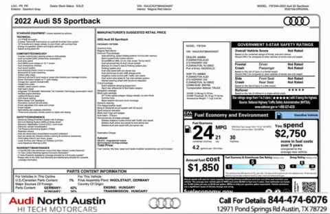 Gray 2022 Audi S5 Sportback Premium Plus for sale in Austin, TX