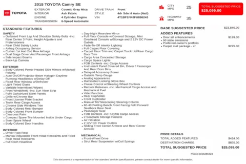 Another view of 2015 Toyota Camry SE for sale in Kennesaw, GA at Carvilla