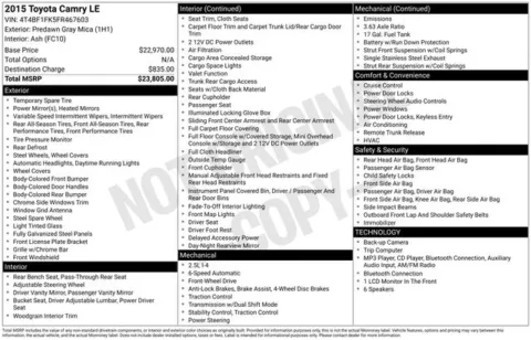 Gray 2015 Toyota Camry LE for sale in Frederick, MD