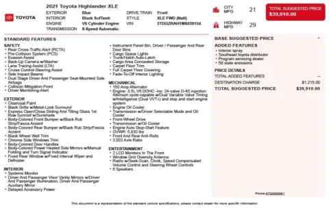 Another view of 2021 Toyota Highlander XLE for sale in Duluth, GA at Autoplex Atlanta