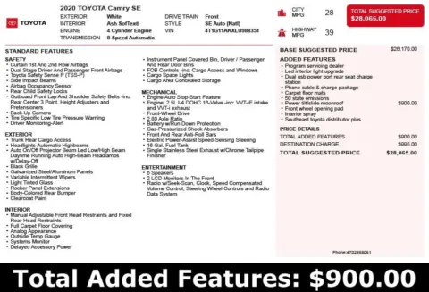 Another view of 2020 Toyota Camry SE for sale in Duluth, GA at Autoplex Atlanta