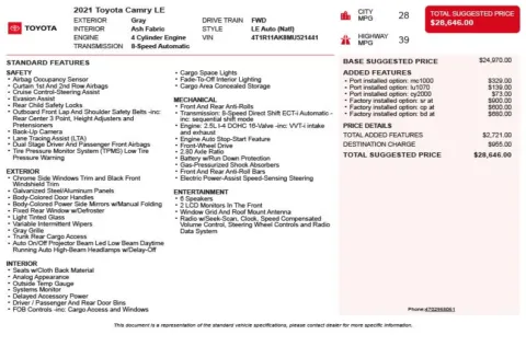 Another view of 2021 Toyota Camry LE for sale in Duluth, GA at Autoplex Atlanta