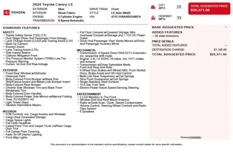 Another view of 2024 Toyota Camry LE for sale in Duluth, GA at Autoplex Atlanta