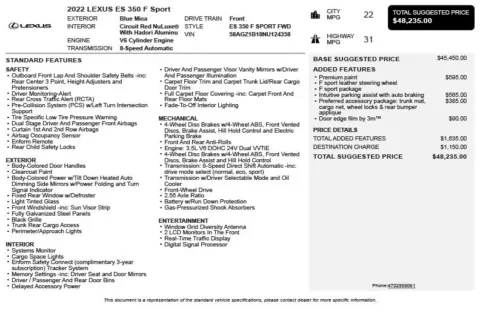 Another view of 2022 Lexus ES 350 F Sport for sale in Duluth, GA at Autoplex Atlanta