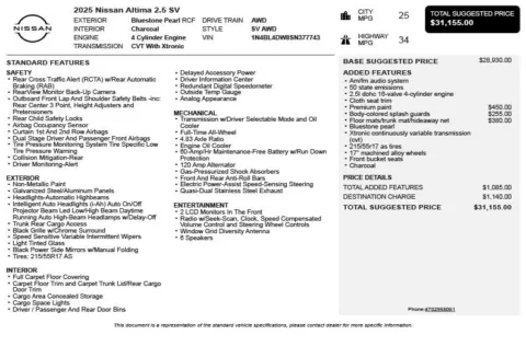 Another view of 2025 Nissan Altima 2.5 SV for sale in Duluth, GA at Autoplex Atlanta