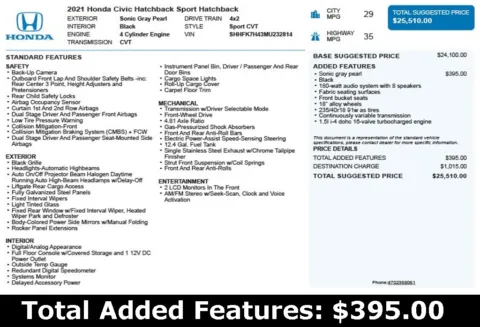 Another view of 2021 Honda Civic Sport for sale in Duluth, GA at Autoplex Atlanta