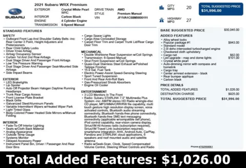 Another view of 2021 Subaru WRX Premium for sale in Duluth, GA at Autoplex Atlanta