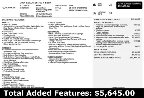 Another view of 2021 Lexus ES 350 F Sport for sale in Duluth, GA at Autoplex Atlanta