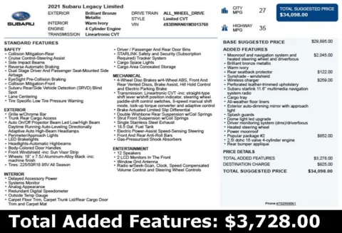 Another view of 2021 Subaru Legacy Limited for sale in Duluth, GA at Autoplex Atlanta