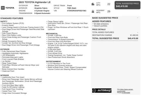 Another view of 2023 Toyota Highlander LE for sale in Fishers, IN at AutoGiant USA Fishers