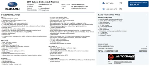 Another view of 2011 Subaru Outback 2.5i Premium for sale in Fishers, IN at AutoGiant USA Fishers