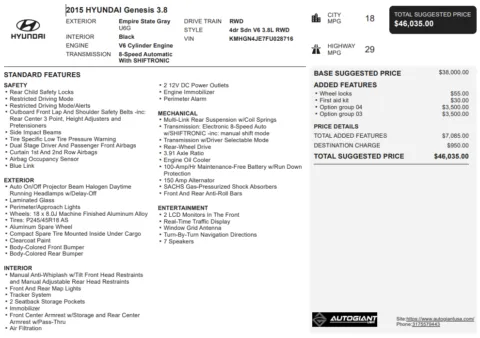 Another view of 2015 Hyundai Genesis 3.8 for sale in Fishers, IN at AutoGiant USA Fishers