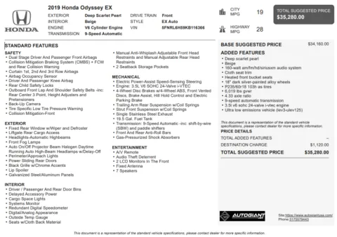 Another view of 2019 Honda Odyssey EX for sale in Fishers, IN at AutoGiant USA Fishers