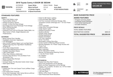 Another view of 2019 Toyota Camry SE for sale in Fishers, IN at AutoGiant USA Fishers