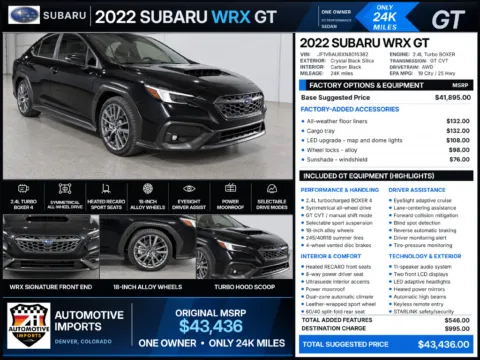 Photos of 2022 Subaru WRX GT for sale in Denver, CO at Automotive Imports Sales & Service