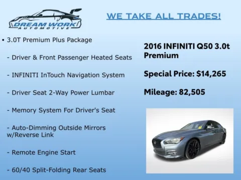 Photos of 2016 INFINITI Q50 3.0t Premium for sale in Charlotte, NC at Dream Work Automotive