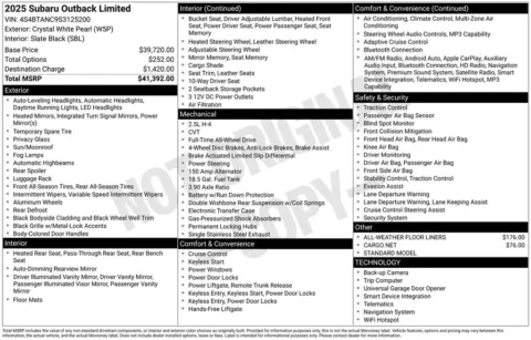 White 2025 Subaru Outback Limited for sale in Pensacola, FL