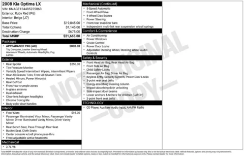 Red 2008 Kia Optima LX for sale in Pensacola, FL
