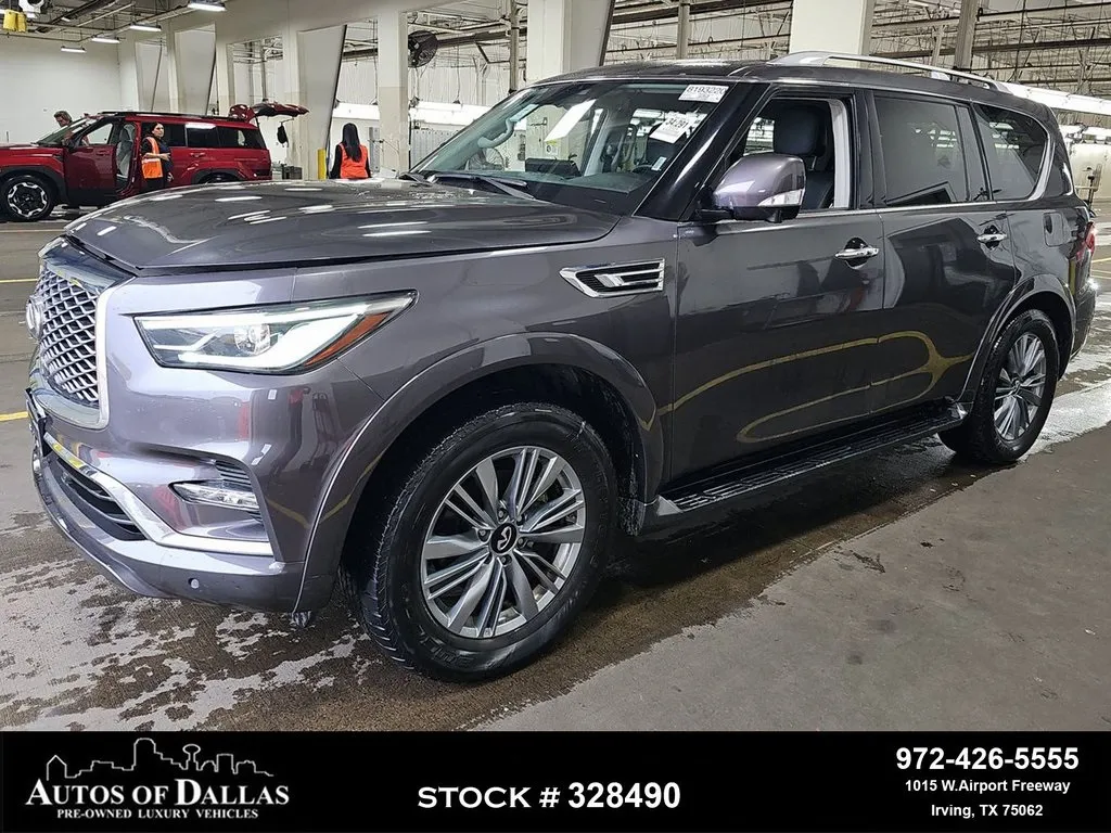Gray 2024 INFINITI QX80 LUXE NAV,CAM,SUNROOF,HTD STS,BLIND SPOT,3RD ROW for sale in Irving, TX