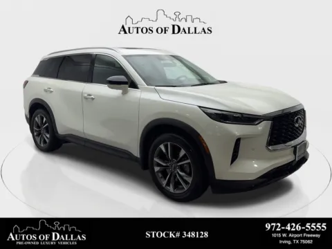White 2023 INFINITI QX60 LUXE NAV,CAM,SUNROOF,CLMT STS,BLIND SPOT,3RD ROW for sale in Irving, TX