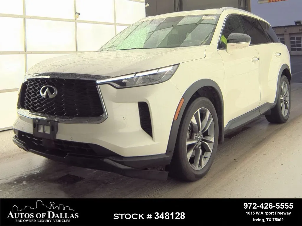 White 2023 INFINITI QX60 LUXE NAV,CAM,SUNROOF,CLMT STS,BLIND SPOT,3RD ROW for sale in Irving, TX