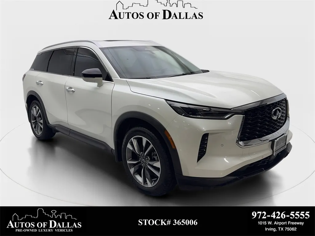 White 2023 INFINITI QX60 LUXE NAV,CAM,SUNROOF,CLMT STS,BLIND SPOT,3RD ROW for sale in Irving, TX