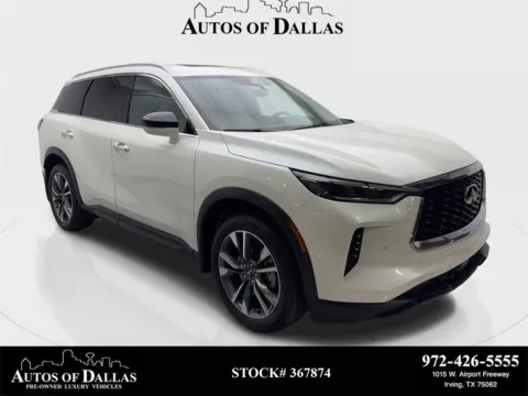 White 2023 INFINITI QX60 LUXE NAV,CAM,SUNROOF,CLMT STS,BLIND SPOT,3RD ROW for sale in Irving, TX