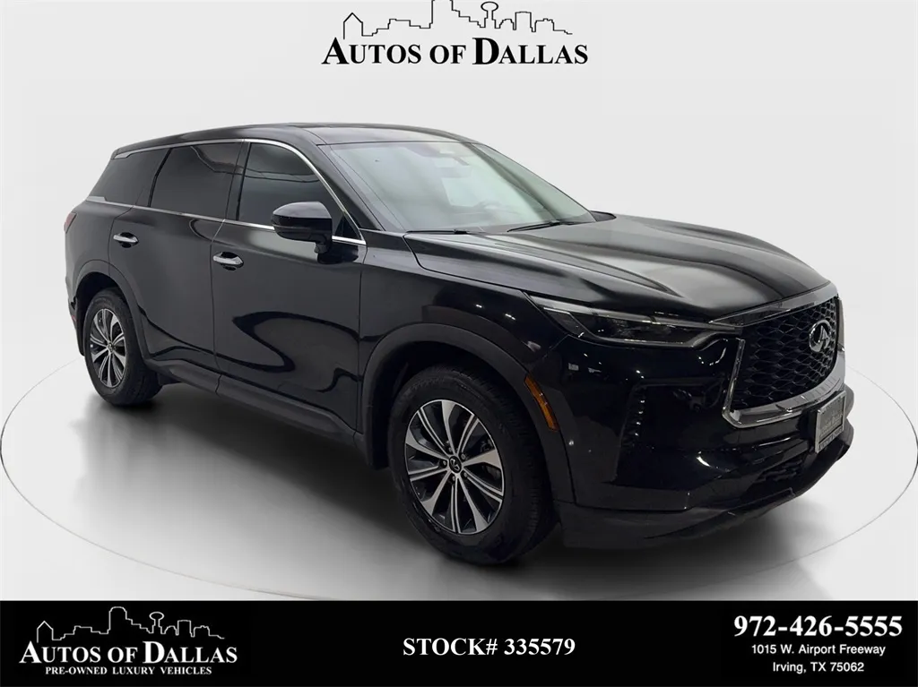 Black 2025 INFINITI QX60 PURE CAM,PANO,HTD STS,BLIND SPOT,3RD ROW for sale in Irving, TX
