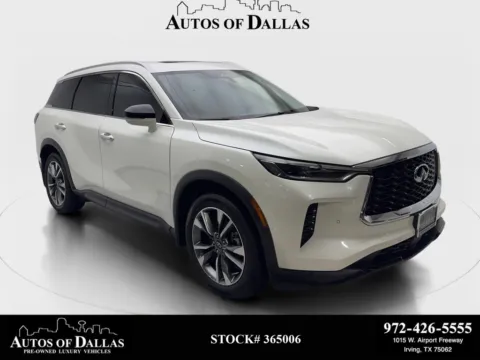 White 2023 INFINITI QX60 LUXE NAV,CAM,SUNROOF,CLMT STS,BLIND SPOT,3RD ROW for sale in Irving, TX