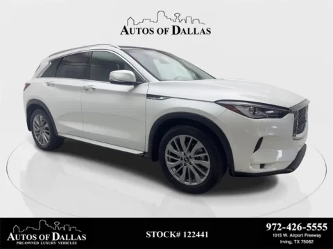 White 2023 INFINITI QX50 LUXE CAM,PANO,HTD STS,BLIND SPOT,19" WHLS for sale in Irving, TX
