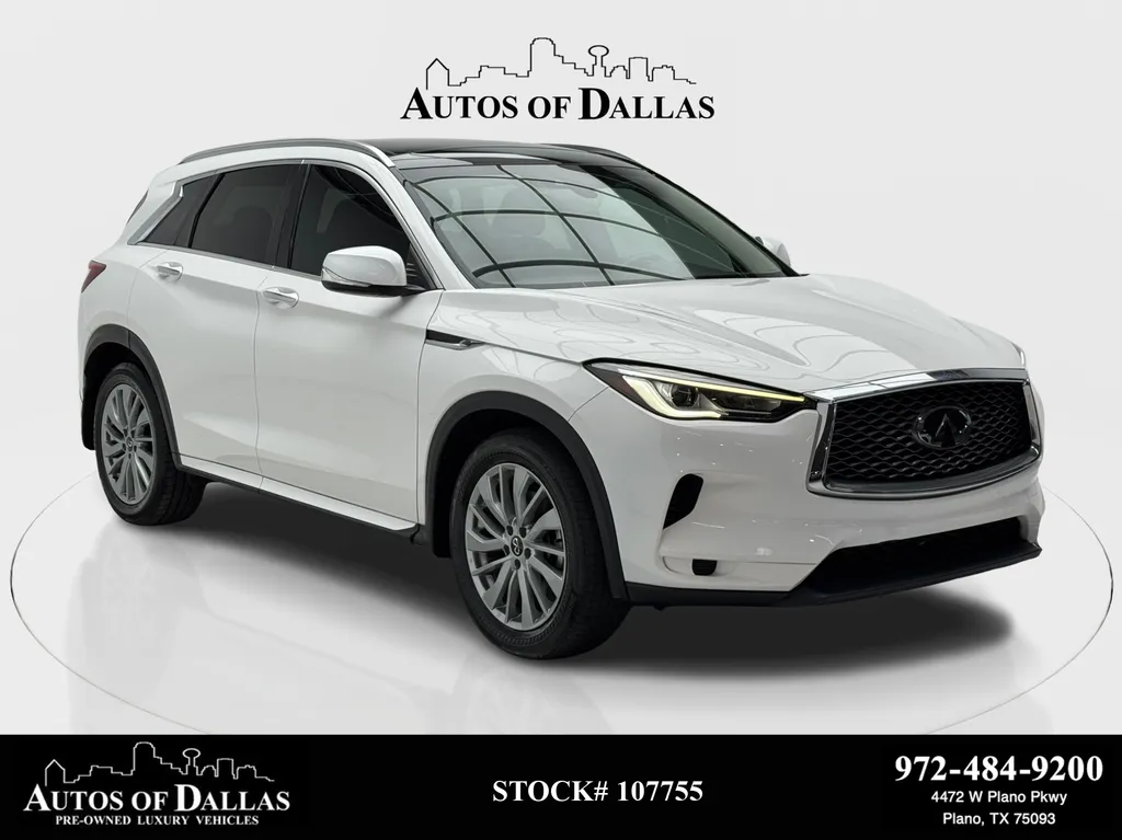 White 2023 INFINITI QX50 LUXE CAM,PANO,HTD STS,BLIND SPOT,3RD ROW for sale in Plano, TX