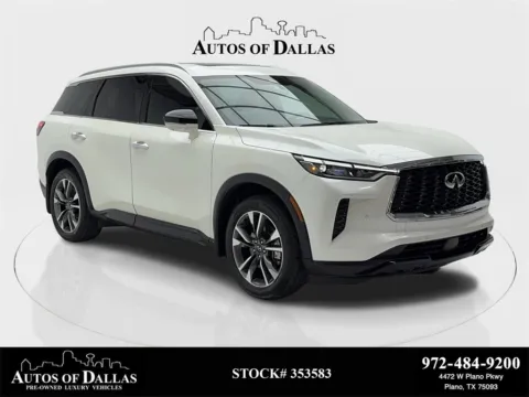 White 2023 INFINITI QX60 LUXE NAV,CAM,SUNROOF,CLMT STS,BLIND SPOT,3RD ROW for sale in Plano, TX