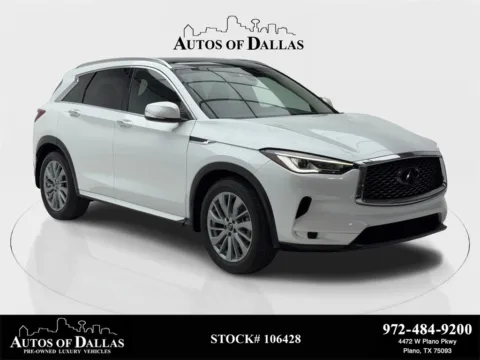 White 2023 INFINITI QX50 LUXE CAM,PANO,HTD STS,BLIND SPOT,19" WLS for sale in Plano, TX
