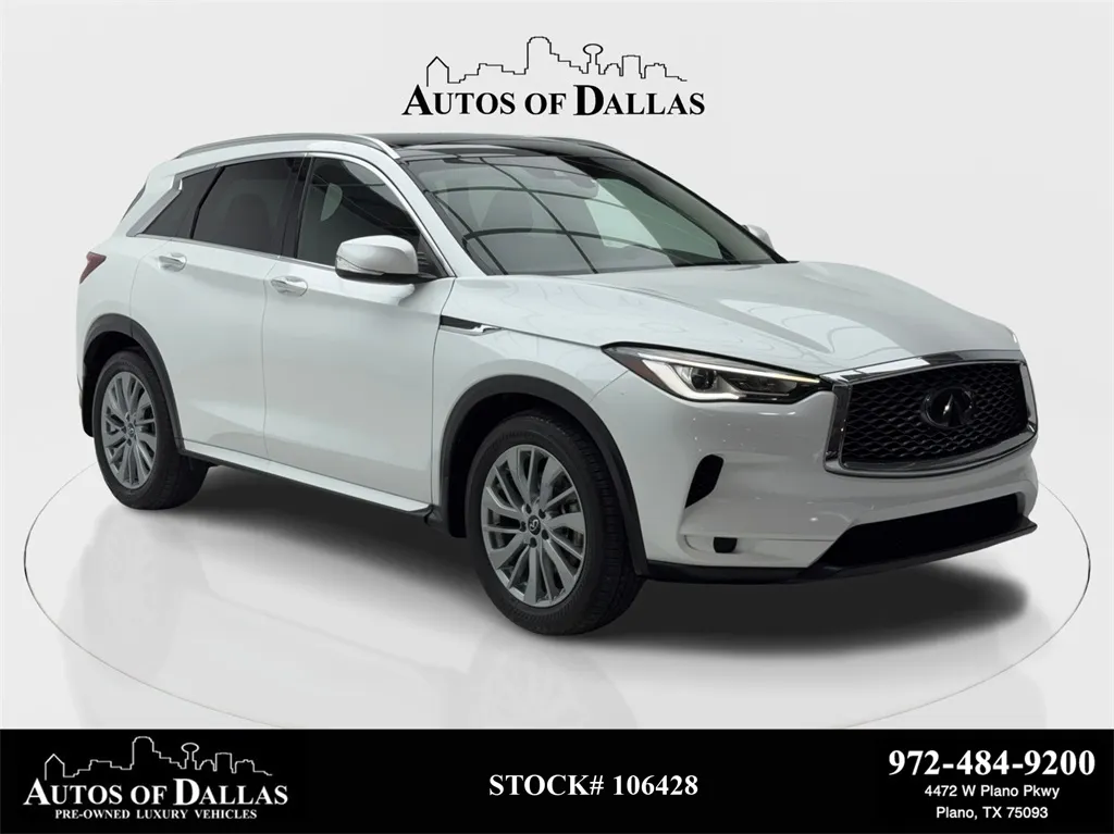 White 2023 INFINITI QX50 LUXE CAM,PANO,HTD STS,BLIND SPOT,19" WLS for sale in Plano, TX