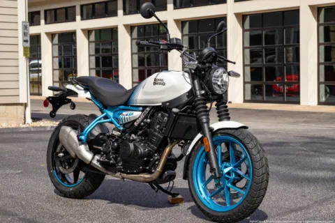 Another view of 2026 Royal Enfield Guerrilla 450 Brava Blue for sale in Boxborough, MA at Boxborough Showroom & Service Center