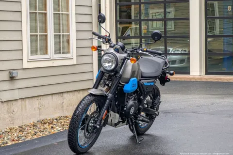 Another view of 2023 Royal Enfield Scram 411 Graphite Blue for sale in Boxborough, MA at Boxborough