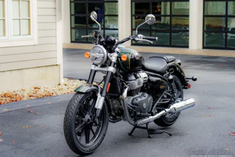 Another view of 2026 Royal Enfield Super Meteor 650 Interstellar Green for sale in Spencer, MA at Spencer Showroom