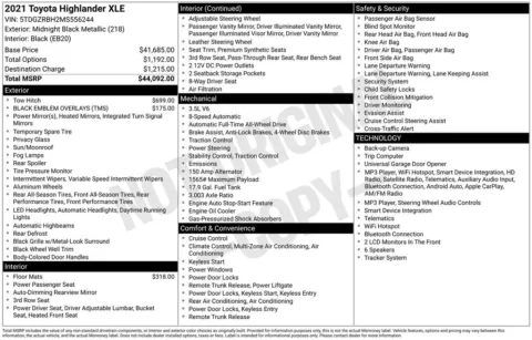 Photos of 2021 Toyota Highlander XLE for sale in Abrams, WI at Gregg Young Abrams Chrysler Dodge Jeep Ram